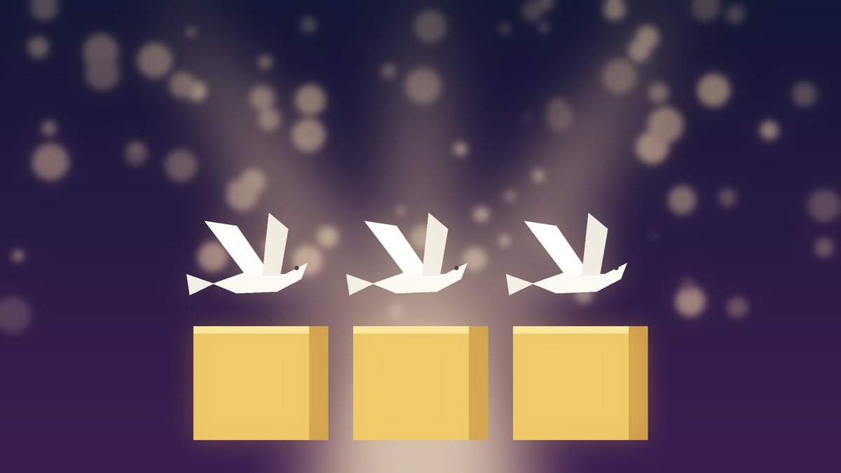Illustration of three white doves above three equal golden podiums under stage lights
